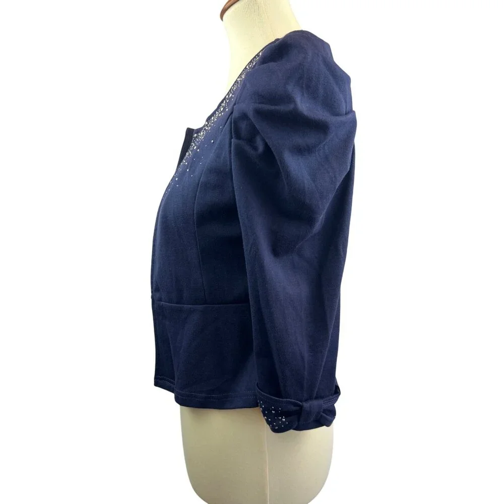 Eva Braun Puff Sleeve Cardigan Jacket Womens SM Navy Blue Rhinestone - Picture 3 of 10